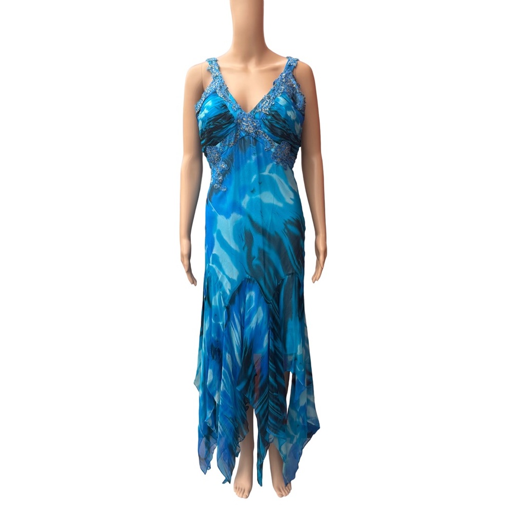 [SOLD] vintage silk gown prom dress blue high-low